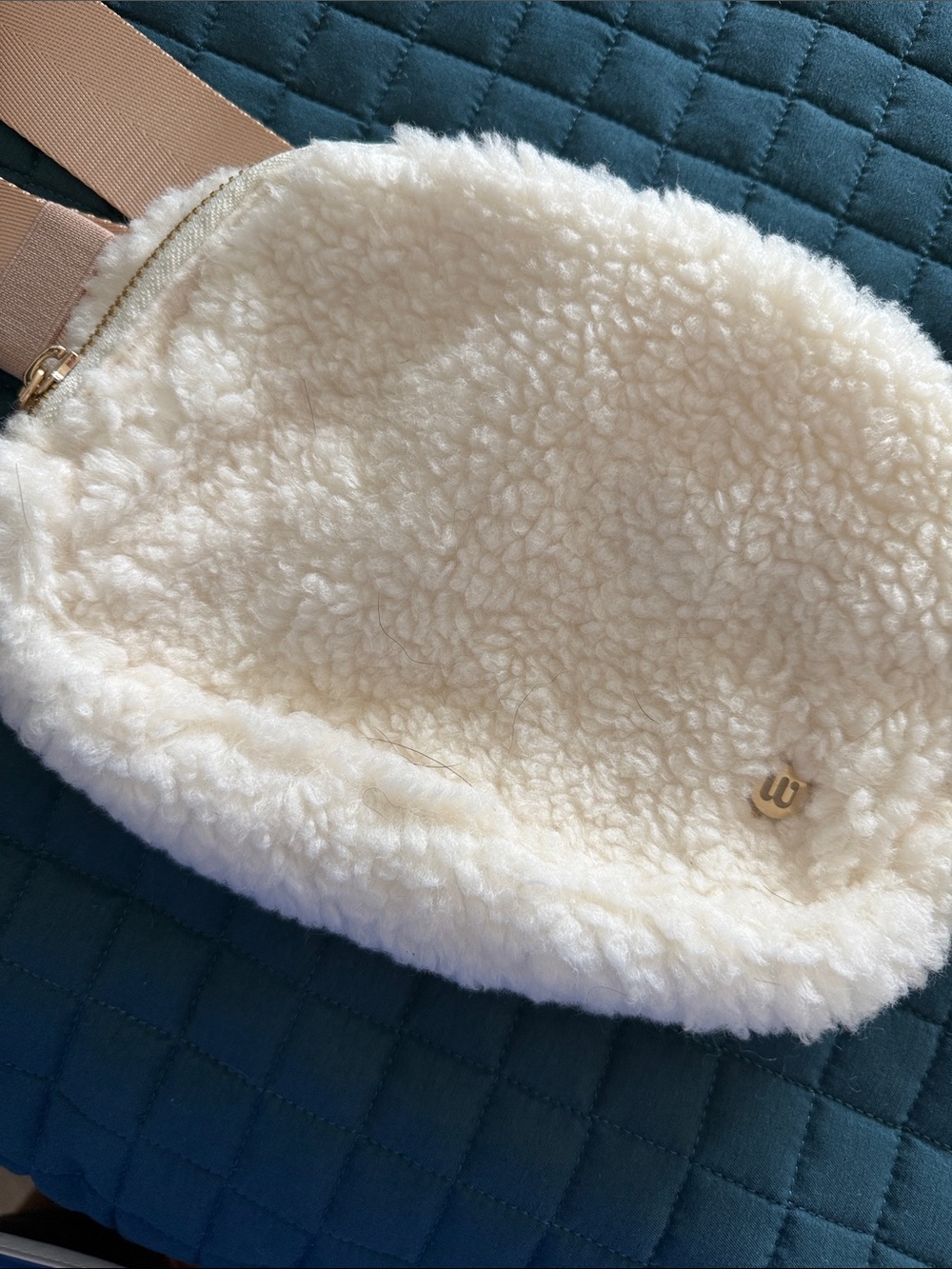 Cream Sherpa Crossbody Bag with Gold W Emblem